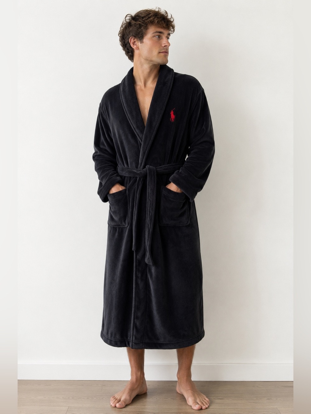 Polo Ralph Lauren Black Plush Fleece Bathrobe Robe Red Pony Logo Size S/M